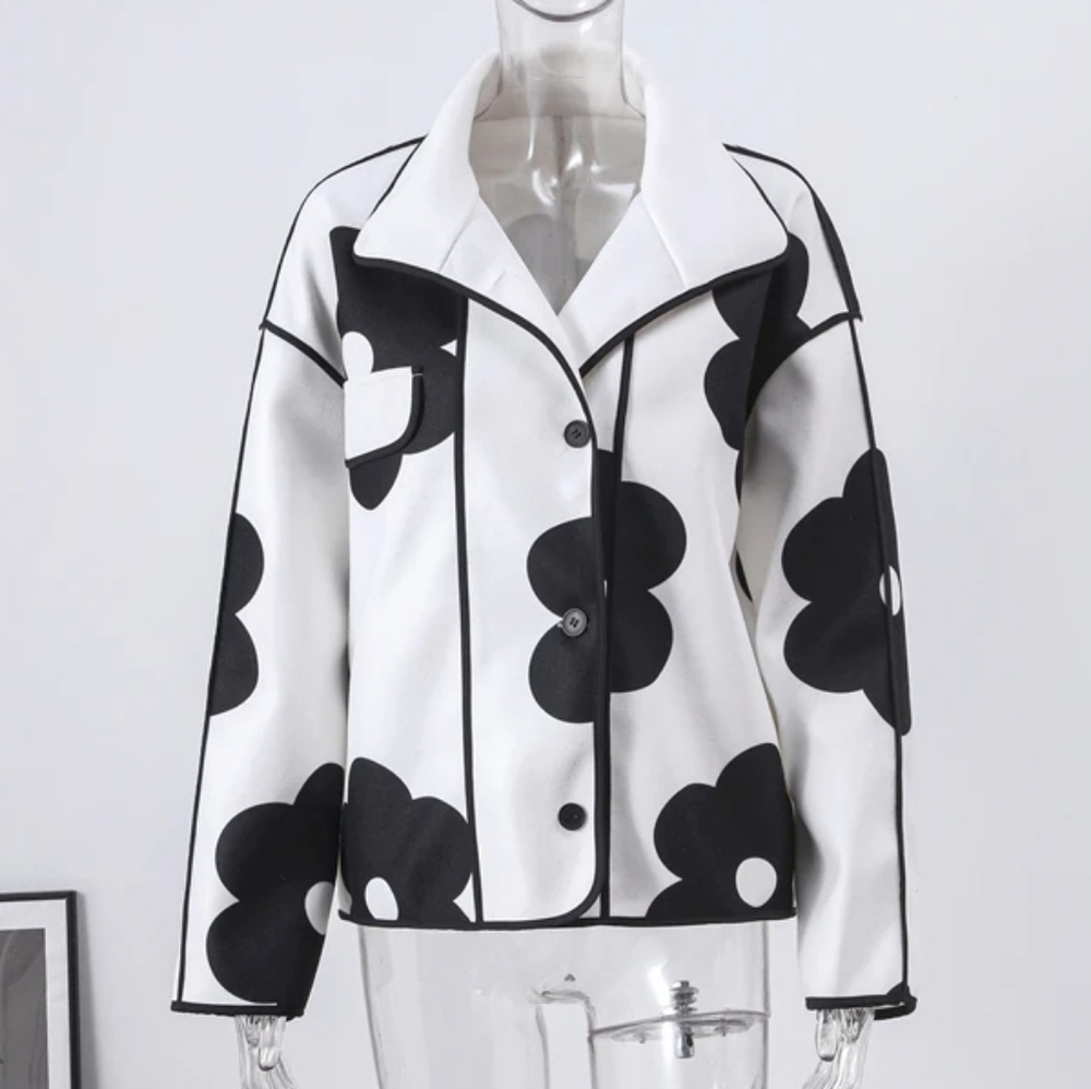 COPY - Black Daisy White Pull On Open Front Blazer Coat - Picture 4 of 8